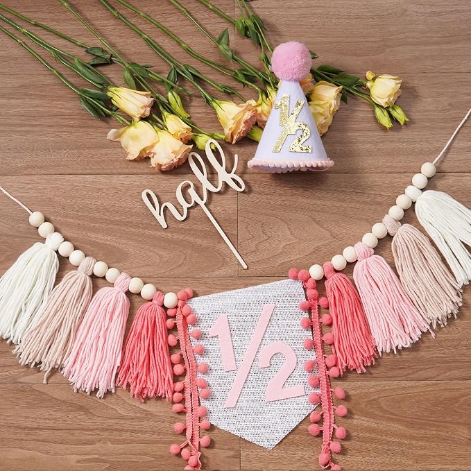 CWK Half Birthday Decorations for Baby, 1/2 Birthday High Chair Banner with Cone Hat & Cake Topper, Half Way to One Party Kit, Photo Props for 6 Month Baby Birthday(Pink)