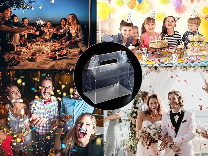 Clear Cupcake Boxes 12pcs, 6.5x3.7x3.5in Plastic Gable with Handle | Clear plastic gable boxes with handle. Food-grade PET, 12PK for cupcakes, cookies, party treats & gifts. Sturdy carry design