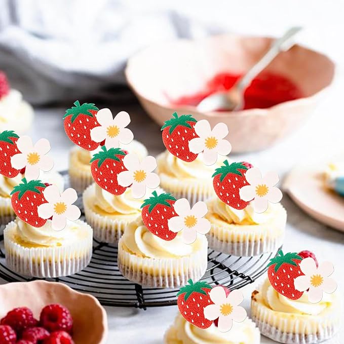 60 Pack Edible Sweet Strawberry Flower Cupcake Toppers First Birthday Strawberry Flower Rice Paper Wafer Paper Cake Picks for Fruit 1st Berry Sweet Kids Birthday Cake Decorations