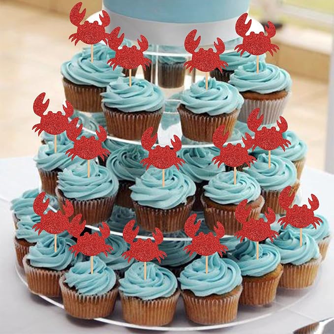 24 PCS Crab Cupcake Toppers Red Glitter Ocean Crab Cupcake Picks Seafood Ocean Animal Theme Baby Shower Kids Birthday Party Cake Decorations Supplies