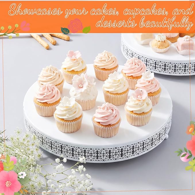 Wenqik 2 Pack Cake Stand Set, 14/16 Inch Metal Round Cupcake Dessert Stand Decorative Elegant Cake Display for Weddings Party Birthday Baby Showers Anniversary(Ornate Floral,White)