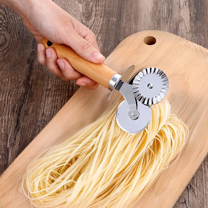 Oruola Pasta Wheel Cutter, Double Fluted Pastry Cutter Wheel,Double-Blade Ravioli Cutters,Stainless Steel Double Roller Dough Cutters with Wooden Handle for Pizza,Ravioli,Cookies