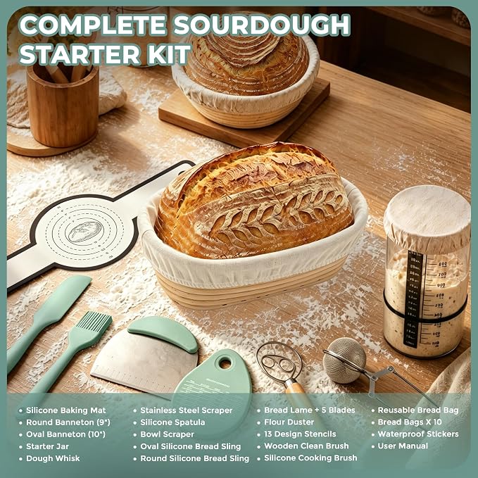 Sourdough Starter Kit – Complete Bread Baking Supplies with Round & Oval Banneton Bread Proofing Basket, Starter Jar, Bread Slings, Silicone Mat, Scrapers – Baking Tools Gift for Home Bakers