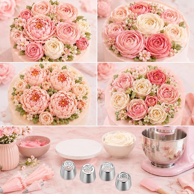 4 PCS Flower Russian Piping Tips, Stainless Steel Extra Large Russian Piping Tip Set 3D Flower Tips for Cake Decorating, Flowers Shaped Frosting Nozzle Kit for Wedding Birthday Cakes Cupcakes Cookies