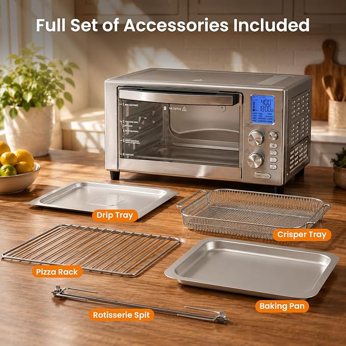 Kismile 12-in-1 Air Fryer Toaster Oven Combo, 23QT Convection Oven Countertop, 120-450℉, 360° Turbo Convection, Toast, Bake & Broil, Rotisserie for Chicken, Full Accessories, Stainless Steel