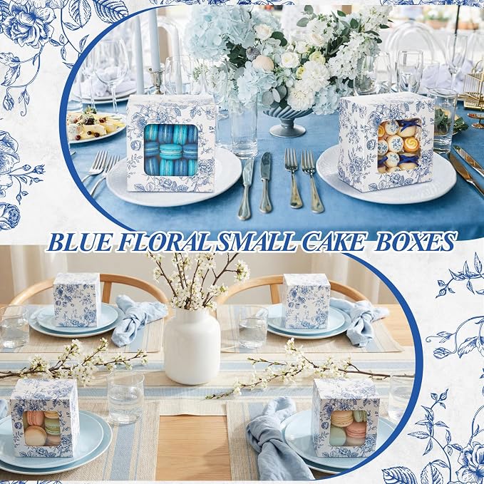 50 Pack Blue Floral Cookie Boxes with Window, Chinoiserie Small Bakery Treat Boxes for Pastry Donuts Macaroon Cupcakes, Wedding Bridal Shower Birthday Tea Party Baby Shower Favors