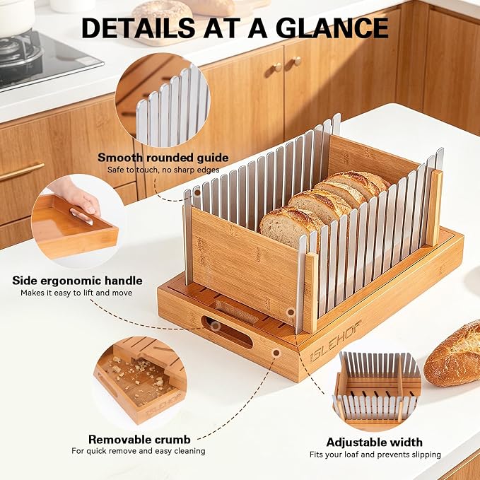 Bread Slicer for Homemade Bread - Bread Cutter Board with Adjustable Width Stainless Steel Slicing Guides & Crumb Tray, Bread Cutter for Sourdough, Bagel, Loaves (Bamboo+Stainless steel)