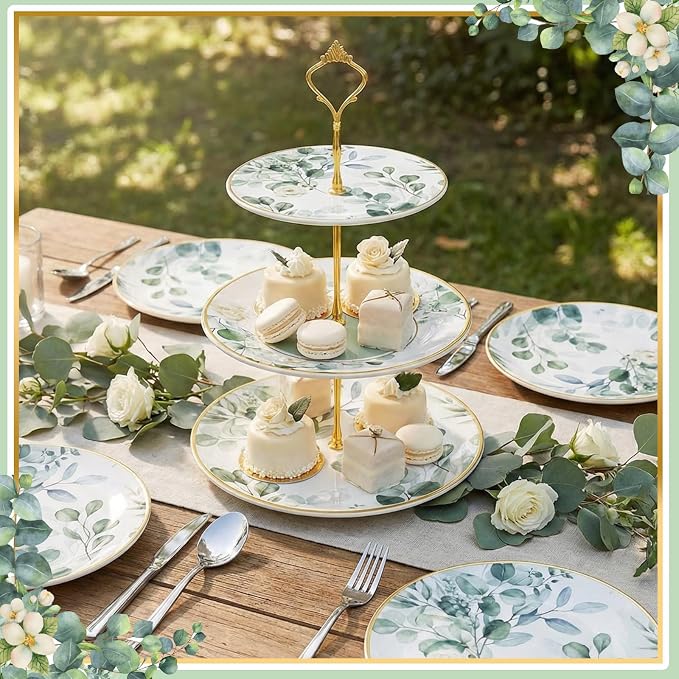 Lallisa 3 Tier Greenery Dessert Stand 10", 9" and 7" Ceramic Sage Green Eucalyptus Tiered Serving Tray with Gold Rack, Round Cupcake Display Tower for Wedding Baby Bridal Shower Tea Party Decoration