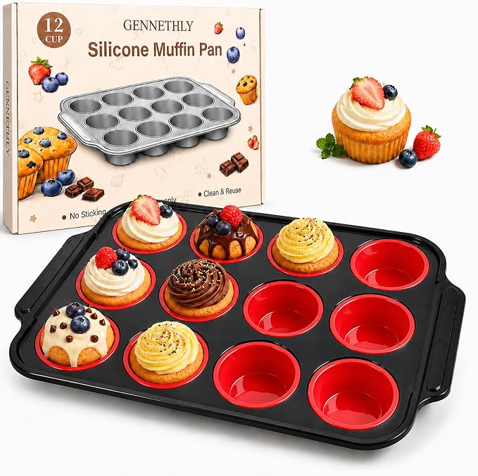 Silicone Muffin Pans for Baking with Metal Reinforced Frame, Muffin Tin Egg Bites Mold 12-Cup Regular Size, Nonstick Muffin Cups Tray Easy to Pop Cupcake Pan for Oven & Dishwasher Safe - Red