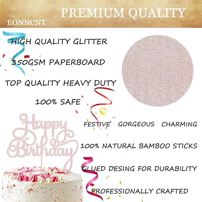 Happy Birthday Cake Topper - Rose Gold Glitter Birthday Party Cake Decoration Supplies, Photo Booth Props