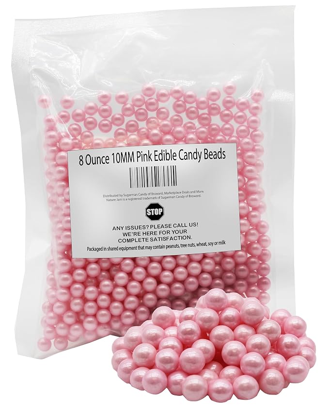 8 Ounce 10MM Pink Edible Candy Beads For Decorating Wedding Cakes-Gemstone Candy For Parties-100% Edible