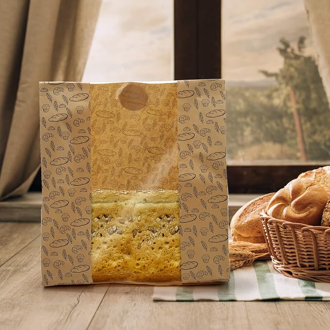 Hacaroa 100 Pack Paper Bread Bags with Clear Window, 10.8"x10"x4" Kraft Bakery Bag with 100 Stickers, Brown Toast Packaging Bags for Sourdough Bread, Cookie