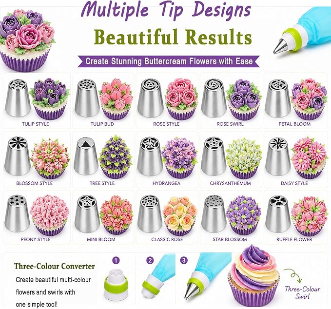 Stainless Steel Russian Piping Tips Set, Extra Large Flower Icing Nozzles, Cupcake Frosting Supplies with Leaf Tips, Couplers, Disposable Pastry Bags, Reusable Piping Bag (Silver,8 PCS)