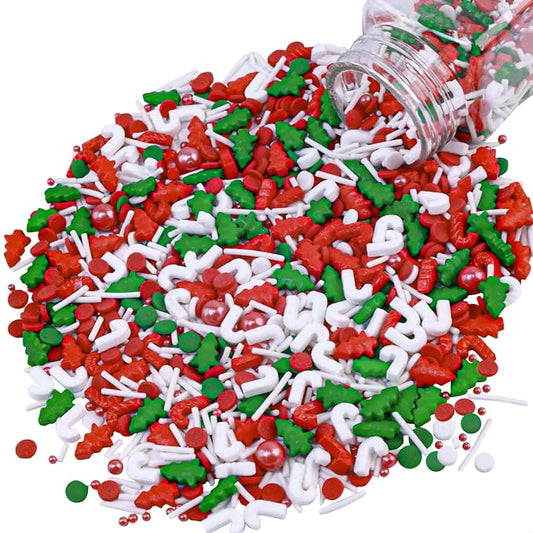 Morofme 3.5 oz Christmas Sprinkles Red and Green Christmas Tree Candy Sprinkle Jimmies Mix Christma Cane Sprinkle Cake Topper Edible Holiday Sprinkles for Cupcake Toppers Cookie Ice Cream