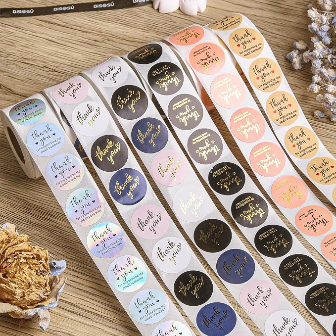 Thank You Stickers Small Business - 6 Rolls 3000 Pieces Thank You for Supporting My Small Business Stickers Labels for Envelopes, Bubble Mailers and Gift Bags Packaging, 1 Inch，500 Pieces Each Roll