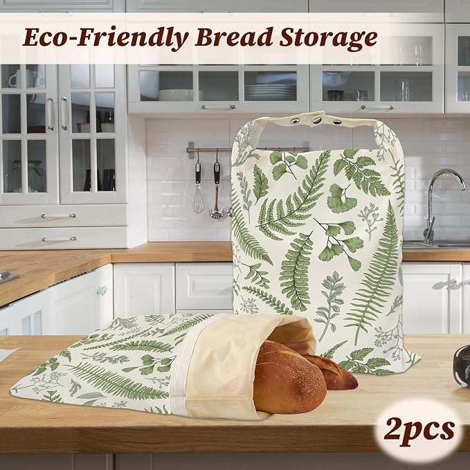 Beeswax Bread Bags, 2 Pack for Homemade Bread and Sourdough Storage | Herbs Eucalyptus Leaves Botanical, Reusable Polyester Bread Storage With Beeswax Coating And Snap Closures