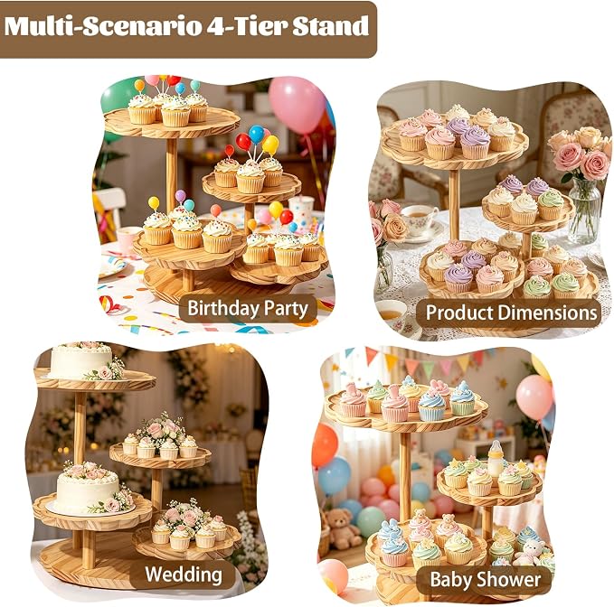 4 Tier Rotatable Wooden Petal Shape Cupcake Stand, Tiered Dessert Display Tower Holds Up to 50 Cupcakes for Wedding & Birthday