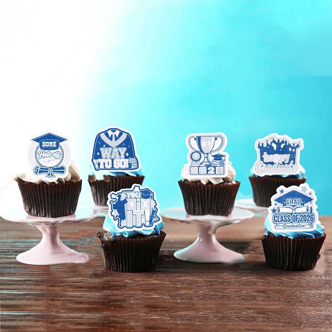 60 PCS Edible 2026 Graduation Cupcake Toppers Class of 2026 Cupake Decorations Edible Done Diploma Congrats Grad Cupcake Picks for 2026 Graduation Theme Party Cake Decorations Supplies Blue Silver