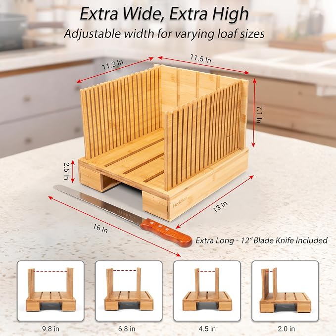 Bamboo Bread Slicer For Homemade Bread - Built-In Knife Slot, Crumb Catcher & Storage Compartment - Adjustable Extra Wide & High For Sourdough, 12” Knife Blade Included *BREAKAGE ISSUE NOW FIXED*