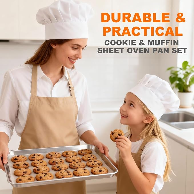 Onader Large Baking Sheet, 18 x 13 Inch Stainless Steel Half Sheet Shallow Baking Pans for Oven, Commercial Metal Cookie Pan Tray for Roasting Cooking, Mirror Finish & Dishwasher Safe, 2-Pack