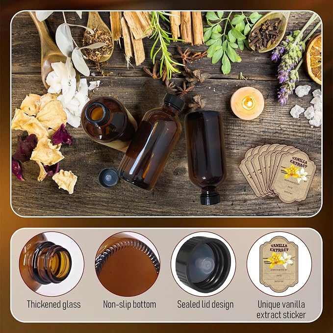 8 oz Amber Glass Boston Round Bottles, 8-Pack Empty Vanilla Extract Bottles with Caps for Gift Giving, Syrup, Sauce