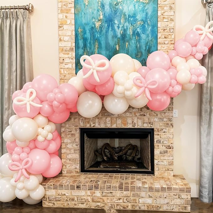 Bow Balloon Arch Kit, Pastel Baby Pink White Clear Bow Birthday Balloons for Princess Women Girl Pink Birthday Party Baby Shower Bachelorette Bridal Engagement Decorations
