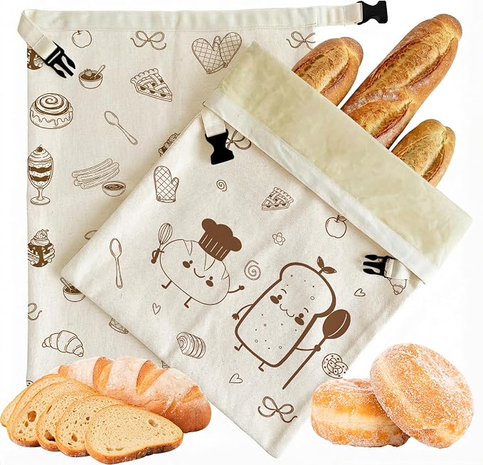 2 Pack Beeswax Bread Bags for Homemade Bread Sourdough, 17x13 Inch Reusable Linen Beeswax Bread Bag with Buckle to Keeps Bread Freshness for Food Storage(Cartoon Bread)