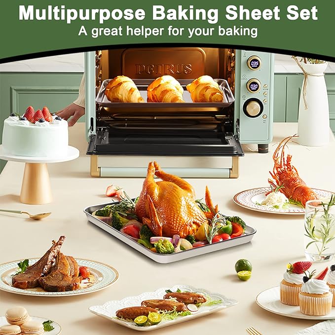 Baking Sheet Tray Cooling Rack with Silicone Mat Set, Stainless Steel Cookie Pan For Oven, Set of 9 (3 Sheets + 3 Racks Mats), Warp Resistant & Heavy Duty & Easy Clean, Grey