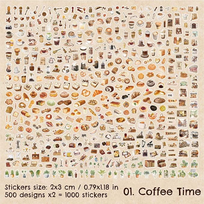 1000 Pcs Coffee Lover Stickers – 2x3cm Waterproof PET Mini Stickers for Journals, Planners, Scrapbooking – Barista, Espresso, Latte Art Small Vinyl Stickers in Vintage Tin Box