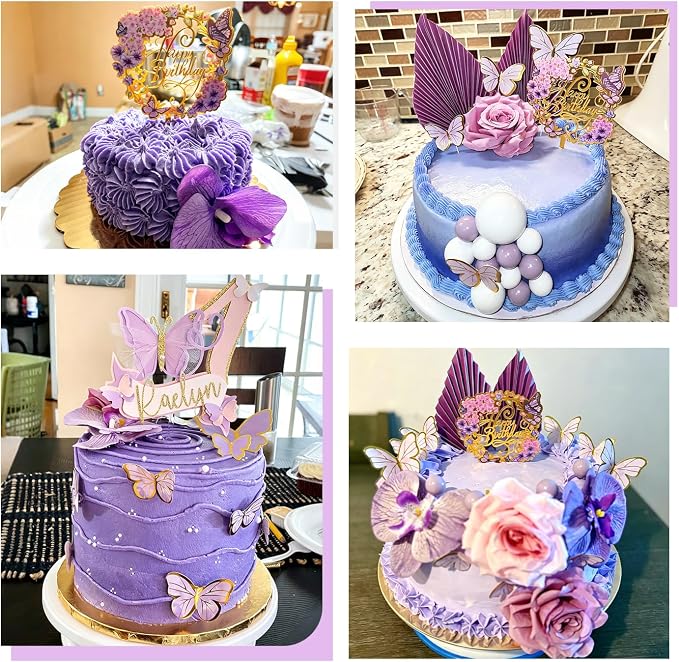 27 PCS Flower Cake Decorations Purple Cake Decorations Boho Butterfly Cake Toppers with Rose Artifical Flowers Palm Leaves Balls Happy Birthday Cake Topper for Birthday Party Wedding Baby Shower