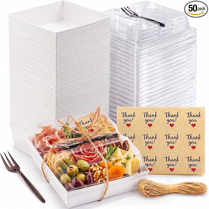 Leafiew 50 Pack Small Charcuterie Boxes with Clear Lids and Forks - To Go Paper Mini Charcuterie Box, Disposable Food Containers, 5Inch Dessert Boxes for Cookie, Cake Slice, Strawberries (White)
