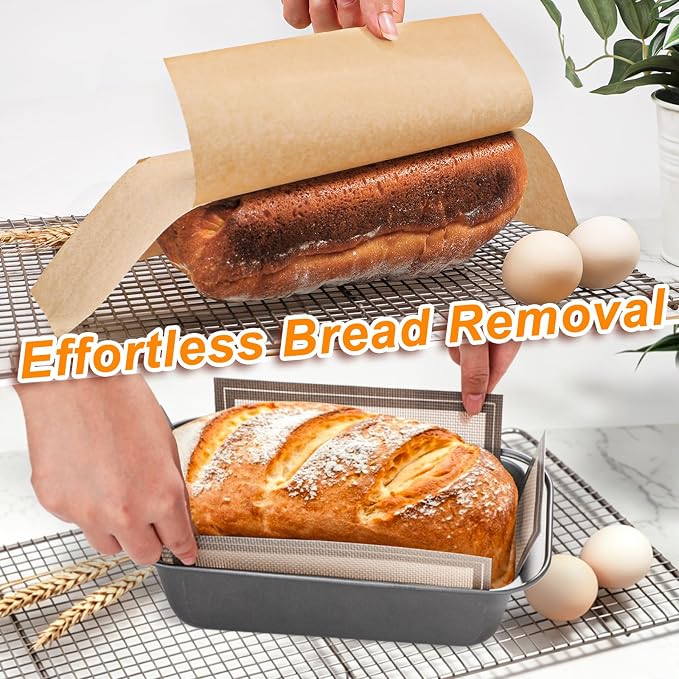 Webake 100PCS Unbleached Parchment Paper Loaf Pan Liners with 1 Reusable Silicone Loaf Liner for 9x5 1lb, 1.5lb & 2lb Loaves, Nonstick, Precut