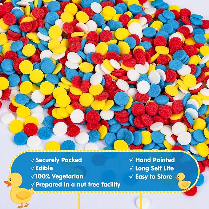 Colorful Round Confetti Sprinkles,Edible Cake Decorations for Baking,130g,Red Blue Yellow and White Sugar Sprinkle,fancy baking Cupcakes Cookie Donuts Ice Cream Toppers,Duck Themed Desserts,Birthday,Children's Party Supplies