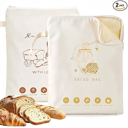 Premium Beeswax Bread Bags for Sourdough, 2 Pack XL 13x17in Wide Zipper Bread Storage Bags, Reusable Natural Fresh-Keeping Bread Bag Ideal for Home Bakers & Homemade Artisan Bread