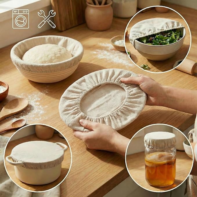 8 PCS Bread Proofing Basket Cloth Liner (6 Oval) & 2 Sourdough Starter Jar Covers, 10 Inch Reusable Banneton Basket Cover for Sourdough Baking, Reusable Dough Bowl Liner (Oval)
