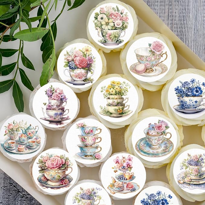 48PCS Edible Spring Floral Tea Cupcake Toppers Wafer Paper Vintage Teapot Vase Cake Picks Edible Floral Teapot Cupcake Toppers for Spring Teacups Princess Theme Cake Decor Supplies