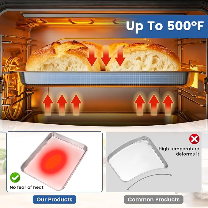 BIEAMA 12 Pack Stainless Steel Toaster Oven Baking Sheets, 12.5 x 9.6 in | Stainless steel pans with no chemical coating, mirror-polished finish and rolled edges; dishwasher safe, oven safe to 500°F.