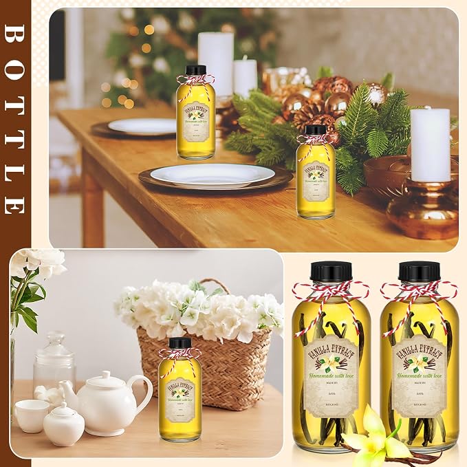 Uiifan 8 Pcs 8 oz Vanilla Extract Bottles Boston Round Bottles with Caps Glass Bottle and 8 Pcs Vanilla Extract Labels Stickers for Syrup Gift Glass Food Storage Canister Set Sauce Beans