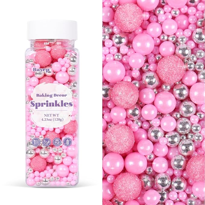Pink Sprinkles for Cake Decorating 4.23ounce - Sparkle Pearl Sprinkles for Cupcake Toppers, Ice Cream, Candy, Cookie Decorations - Silver Sprinkles for Princess Bridal Shower Wedding Party