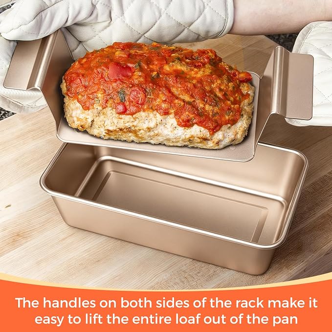 TLAZZ 2 Pack Meatloaf Pan with Drain Tray, Non Stick Meat Loaf Pan with Drip Tray, 9.4 x 5.5 Inch Loaf Pan for Baking Bread and Meatloaf, Gold