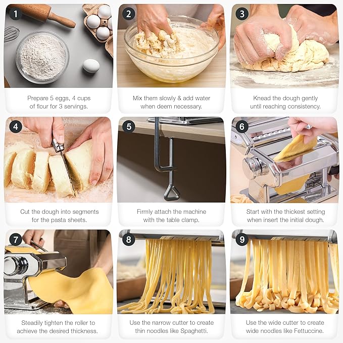 3-in-1 Pasta Maker, 9 Thickness Settings, Dough Rollers & 2 Size Cutters | Stainless Steel Construction, Sturdy & Durable, Easy to Clean, Rust-Resistant & Lightweight, Great Gift Choice