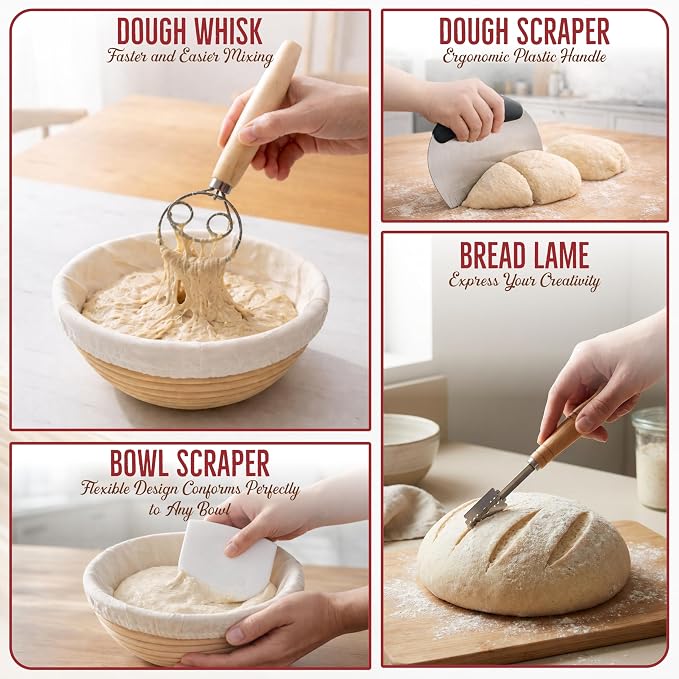 Sourdough Starter Kit with 9" Banneton Basket, 14 Piece Breads Making Set, 24oz Glass Jar, Dough Whisk, Bread Lame with Blades, Silicone Sling & Recipe Book, Complete Sourdough Bread Baking Supplies