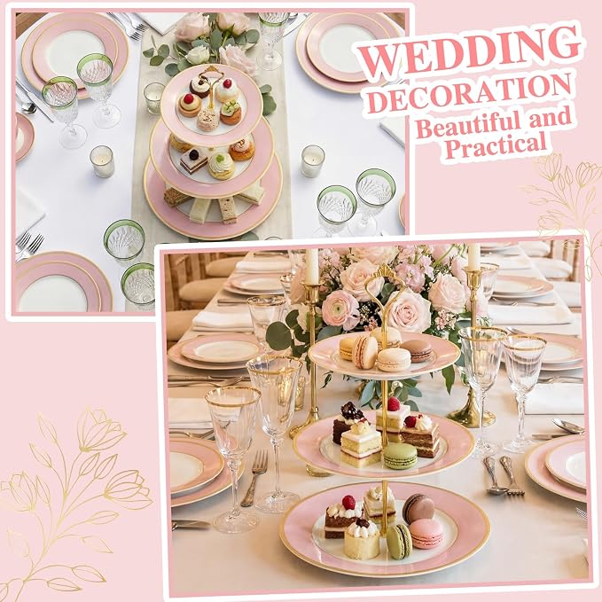 CHENGU 3 Tier Cupcake Stand Pink Ceramic with Gold Frame, 10" 9" 7" Dessert Tower for Baby Shower Birthday Wedding Tea Party, Tiered Cake Holder Display for Cupcakes Pastries Fruits