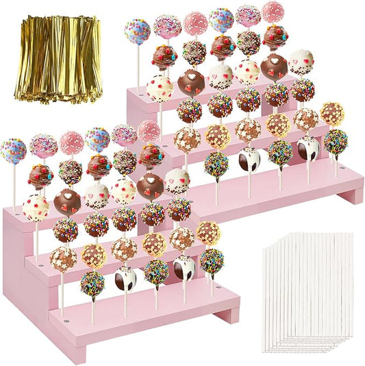 Wood Cake Pop Stands, 3 Tier Lollipop Holders with Twist Ties Lollipop Sticks, Sucker Display Riser for Dessert Table of Wedding Birthday Party (Pink-2P)