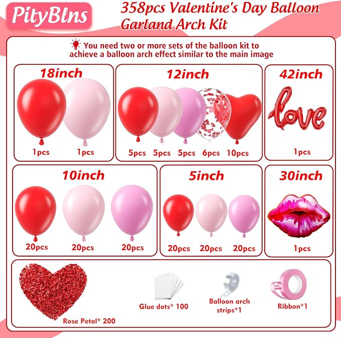 Valentine's Day Balloon Arch Kit - 358Pcs Rose Petals LOVE Foil Balloon Heart Balloons Red and Pink Balloons Garland Kit for Valentines Day Galentines Engagement Anniversary Party Decorations
