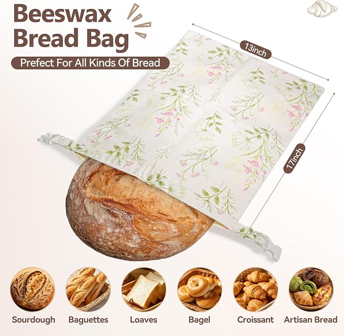 2 Pack Beeswax Bread Bags for Sourdough, Reusable XL Zipper Cotton-Linen Bread Bags for Homemade Bread, Keep Fresh Longer for Bakery, Loaves, Pastry (2, Colorful Flowers)