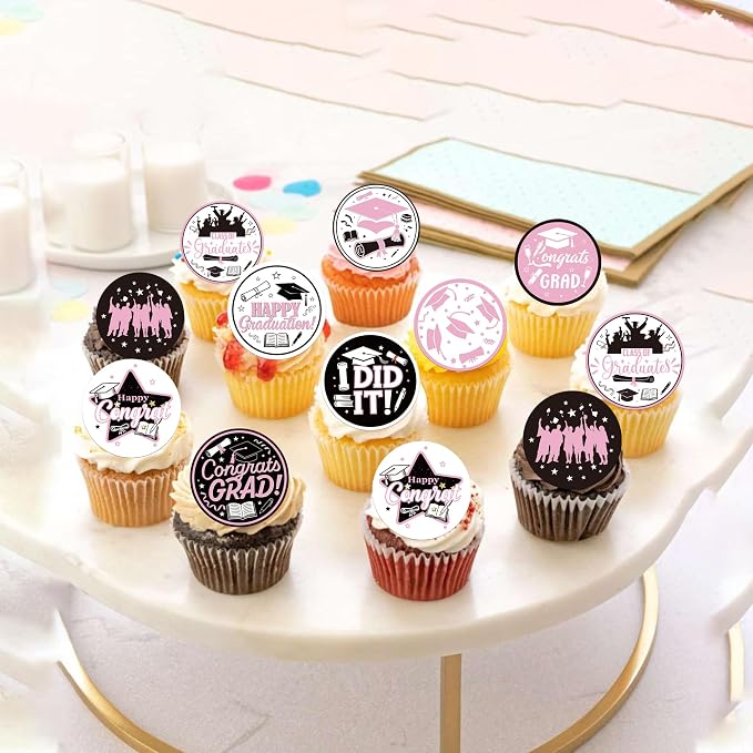 63 PCS Edible 2026 Graduation Cupcake Toppers Diploma Congrats Grad Cap Class of 2026 Cupcake Decorations Edible 2026 Graduation Decorations for 2026 Grad Party Cake Decorations Supplies Pink