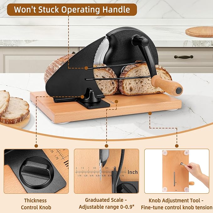 CAWIU Upgraded Manual Bread Slicer for Homemade Sourdough Bread - Adjustable Thickness Bread Cutter with Hand Crank, Suction Cups, Slicing Guide, Scale Line & Cover, for Perfect Even Slices (Black)