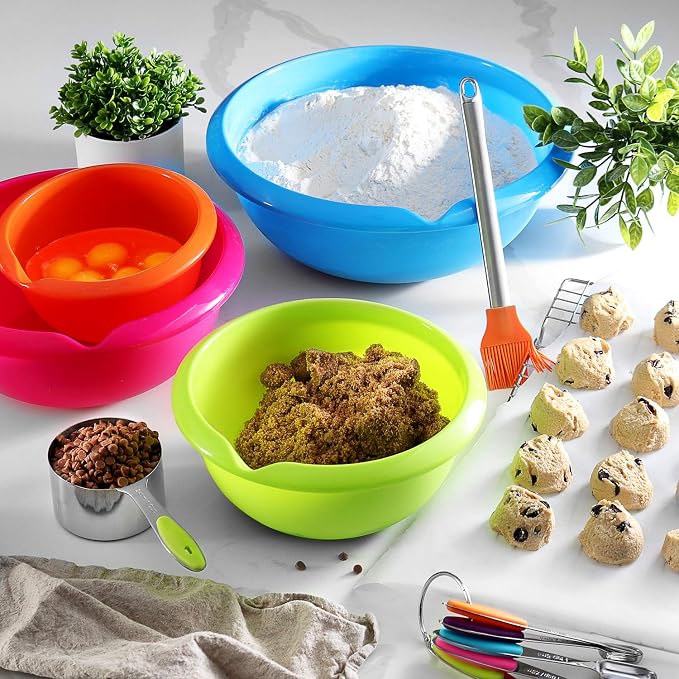 DilaBee Set of 4 - Colorful Mixing Bowls - Plastic Mixing Bowl Set for Prep – Stackable Mixing Bowls for Kitchen – Microwave & Dishwasher Safe – BPA Free – for Cooking Serving Salads, Snack,