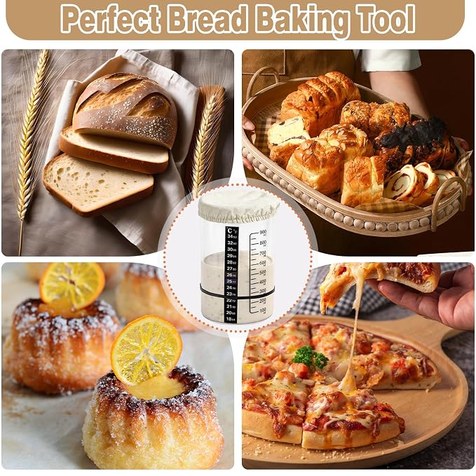 32oz Sourdough Starter Jar Kit with Wooden Lid Breathable Cloth Cover, Glass Fermentation Container with Silicone Spatula, Temperature Sticker Date Feeding Tape for Home Bread Baking